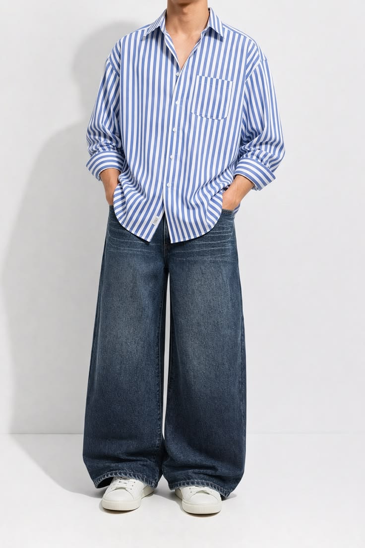 Classy Men Outfit Idea – Blue Striped Shirt With Baggy Jeans Style